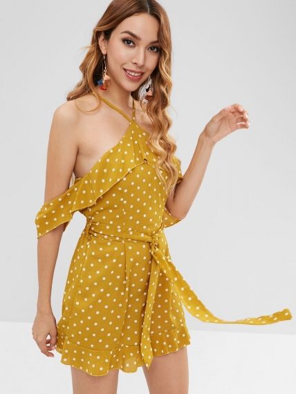 Belted Ruffles Dots Romper - Bee Yellow
