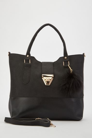 Черна дамска чанта с пух
