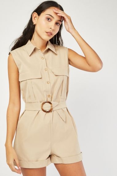 Tortoise Shell Buckled Belted Utility Playsuit