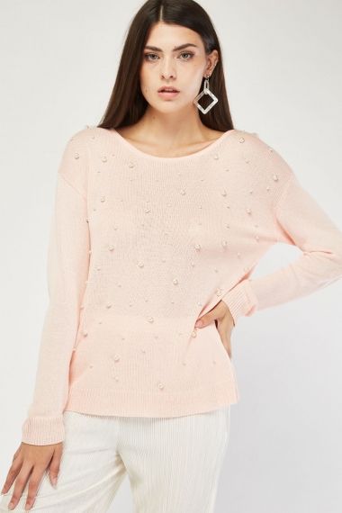 Плетен пуловер с перли и връзки отзад - розов