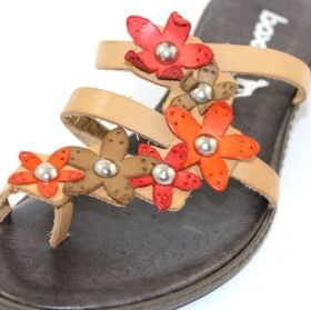 Дамски чехли с цветя BOXER, Светлокафява естествена кожа