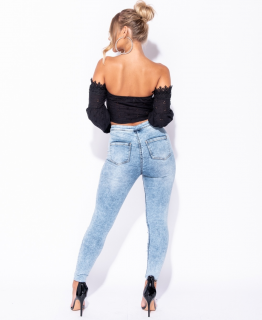 Broderie Lace Up Front Puff Sleeve Crop Top