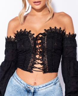 Broderie Lace Up Front Puff Sleeve Crop Top