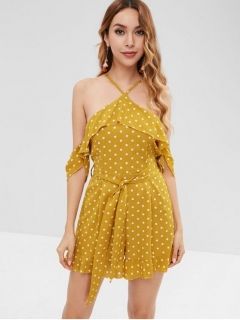 Belted Ruffles Dots Romper - Bee Yellow