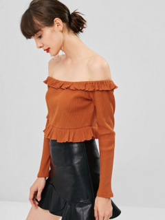 Ruffles Ribbed Off Shoulder Top - Chocolate