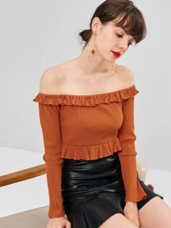 Ruffles Ribbed Off Shoulder Top - Chocolate