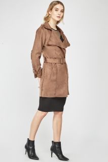 Brown Belted Suedette Trench Coat