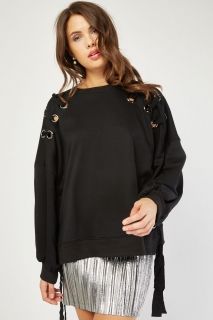 Пуловер с връзки - черен