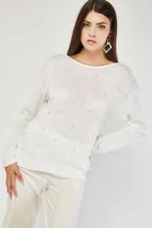 Плетен пуловер с перли и връзки отзад - бял