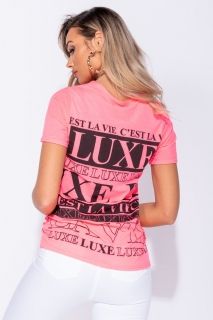 Neon Pink Luxe Life Multi Print T Shirt PARISIAN