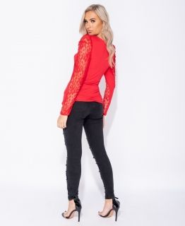 Дамска елегантна блуза с дантелени ръкави, Червена