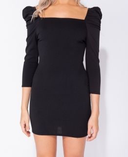 Puff Sleeve Square Neck Long Sleeve Bodycon Dress