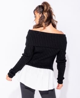 Дамски пуловер-риза с поло яка, Черен