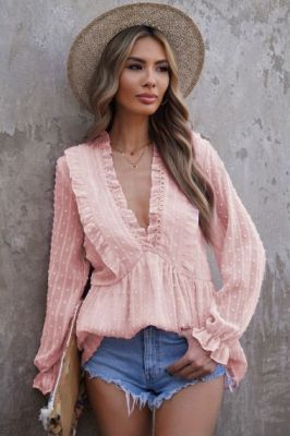 Дамска елегантна блуза с  дълъг ръкав, Розова
