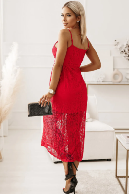 Дамска дантелена рокля с тънки презрамки, Червена