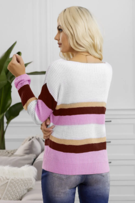 Дамски пуловер с ефектни цветни ленти, Бял