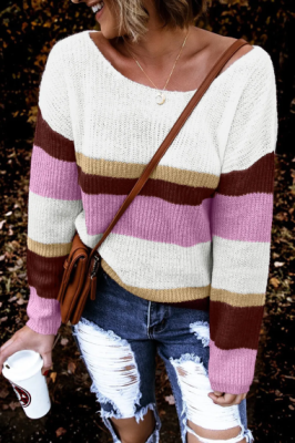 Дамски пуловер с ефектни цветни ленти, Бял
