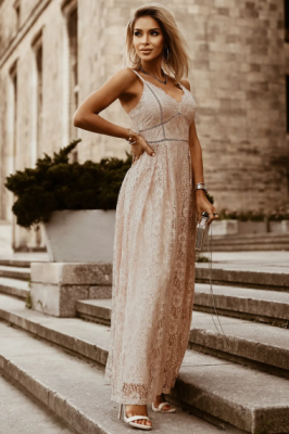 Дамска дълга дантелена рокля с тънки презрамки, Бежова