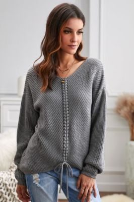 Дамски пуловер с връзка, Сив