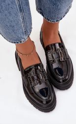  Дамски лоуфъри с ефектна тока Step in style, Черен лак