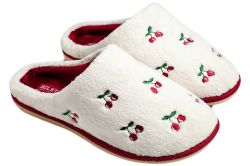 BELSTA Дамски широки пантофи с черешки – бели с бордо