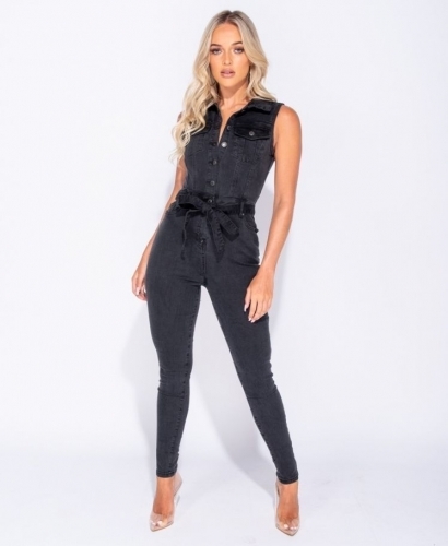 Button Up Detail Tie Waist Long Sleeve Jumpsuit