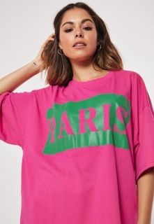 Petite pink oversized paris slogan t shirt