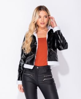 High Shine Leather Look Faux Fur Collar Borg Lining Zip Detail Bomber Jacket