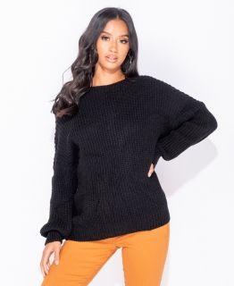 Дамски пуловер с ефектен възел, Черен