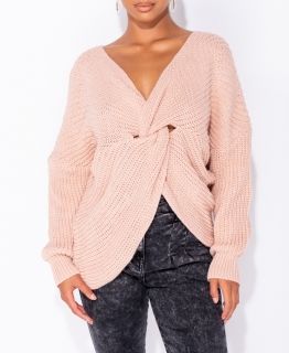 Дамски пуловер с ефектен възел, Розов