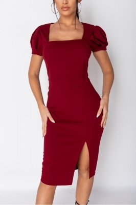 Дамска елегантна рокля с цепка и бухнали ръкави в цвят бордо