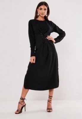 Дамска рокля с цепка и връзки-корсет, Черна