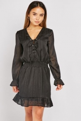 Дамска клоширана рокля с дълги ръкави и връзки, Черна