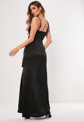 Дамска официална дълга рокля с цепки, Черен сатен