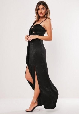 Дамска официална дълга рокля с цепки, Черен сатен