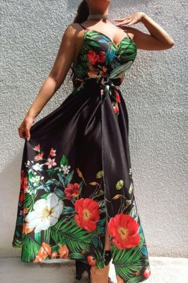Дамска дълга рокля на цветя, Черна