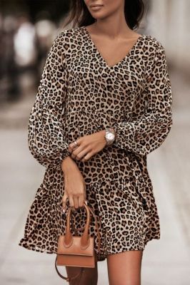 Ефектна дамска рокля с леопардов принт, Бежова
