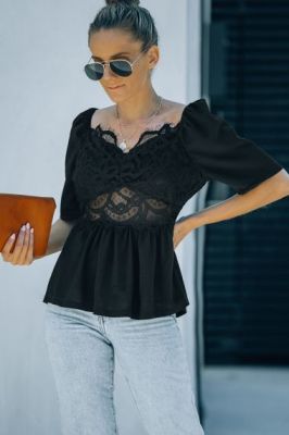 Дамска блуза с къси ръкави и дантелен гръб, Черна
