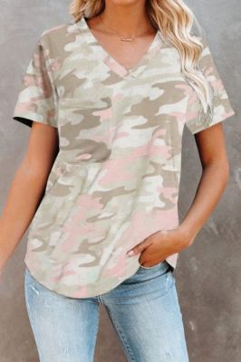 Дамска тениска с камуфлажен принт, Бежова