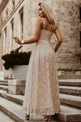 Дамска дълга дантелена рокля с тънки презрамки, Бежова