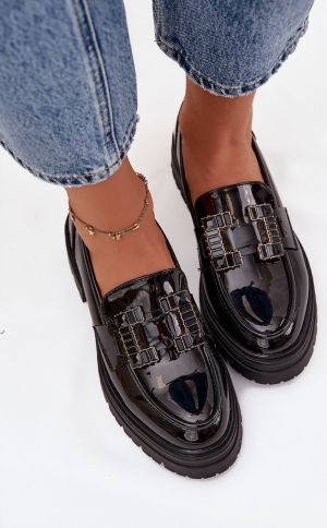  Дамски лоуфъри с ефектна тока Step in style, Черен лак